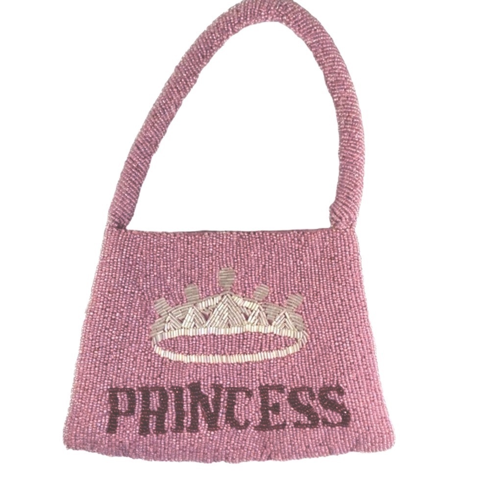 VTG Seed Beaded Pink “Princess” Crown Purse Bag Satin Interior Beaded Handle